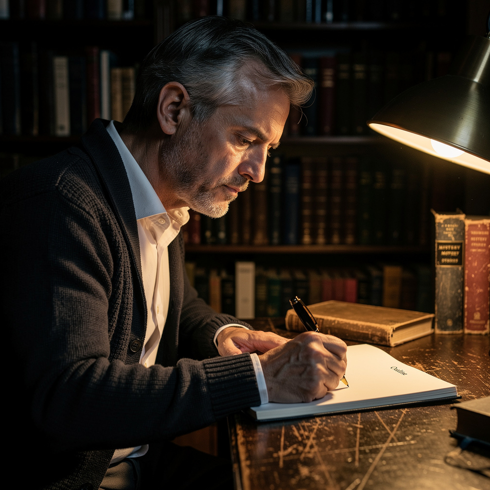 Croatian mystery writer sitting at a wooden desk writing by lamplight